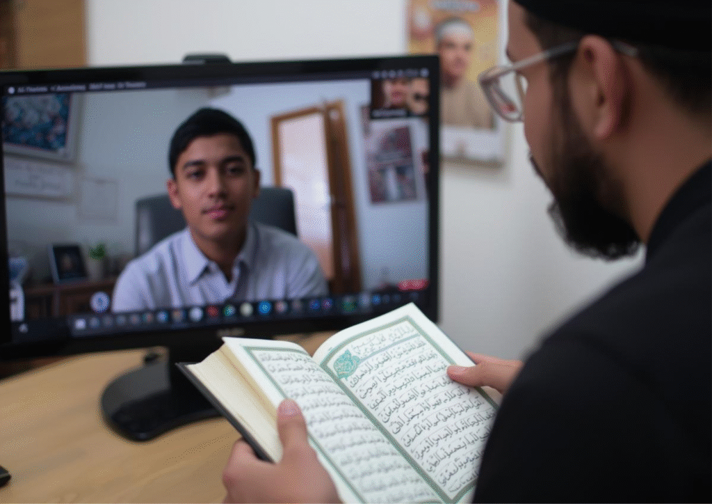online quran learning Quran teacher teaching online with Quran in hand.