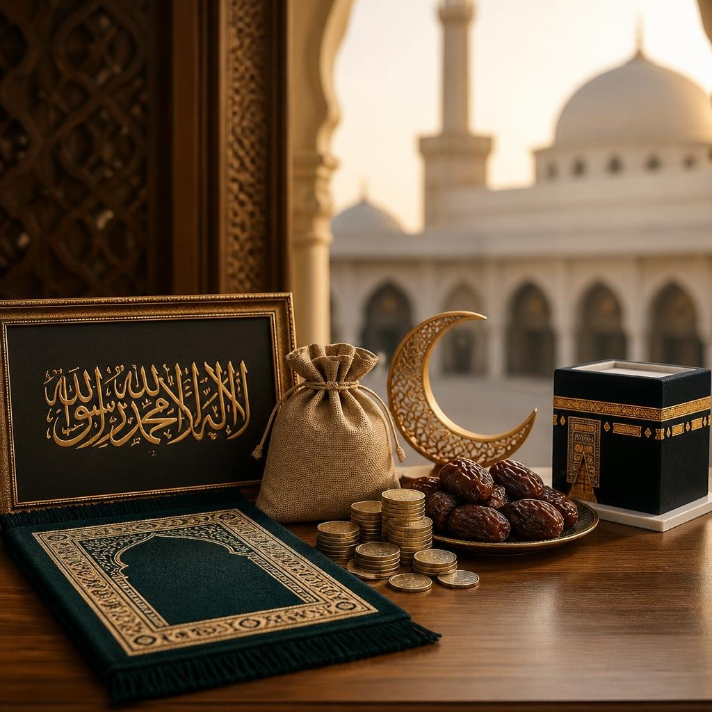 Five Pillars of Islam represented by Islamic symbols, prayer mat, charity, dates, and Kaaba