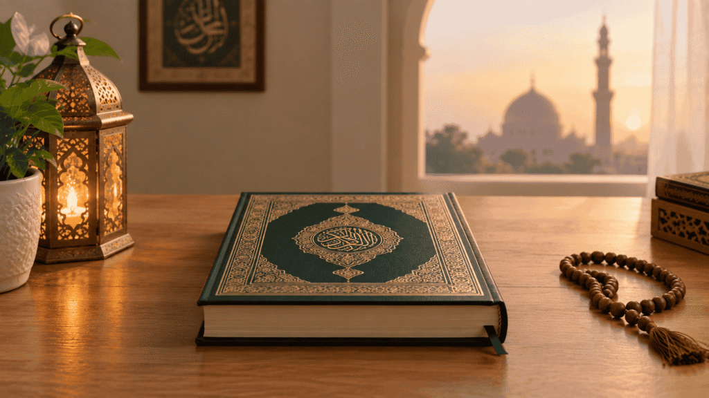 Quran placed on a wooden table with prayer beads and a lantern in a peaceful setting